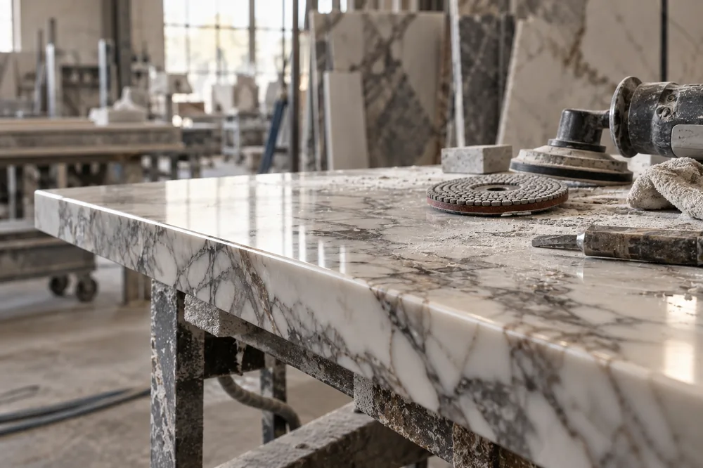Marlusso stone worktop being finished in the workshop
